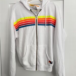 NWT Aviator Nation White Hoodie with Neon Rainbow Stripes